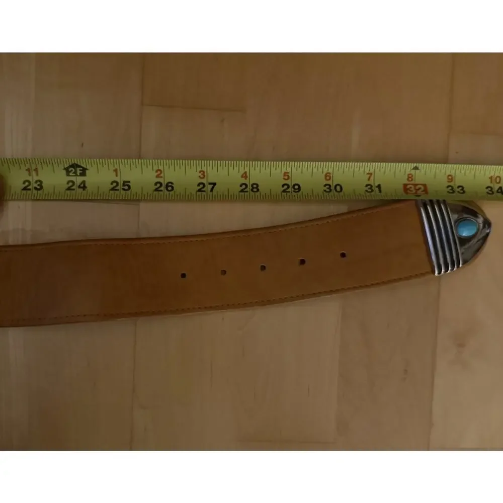 Accessories By Marla Western 3” Wide Silver Turquoise Bead Tan Belt Leather S/M